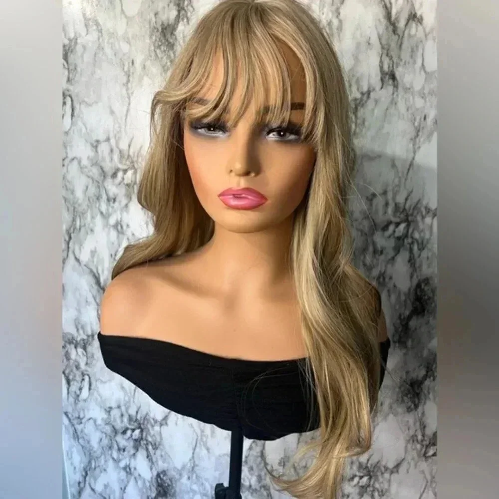 24 Inch Long Wave highlights Blonde wig with bangs